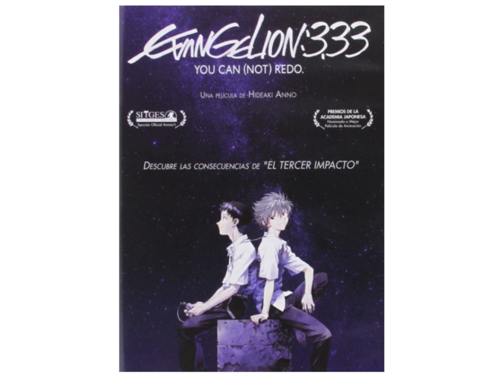 Portada de DVD de anime con dos figuras, 'Evangelion 3.33' y texto japonés.