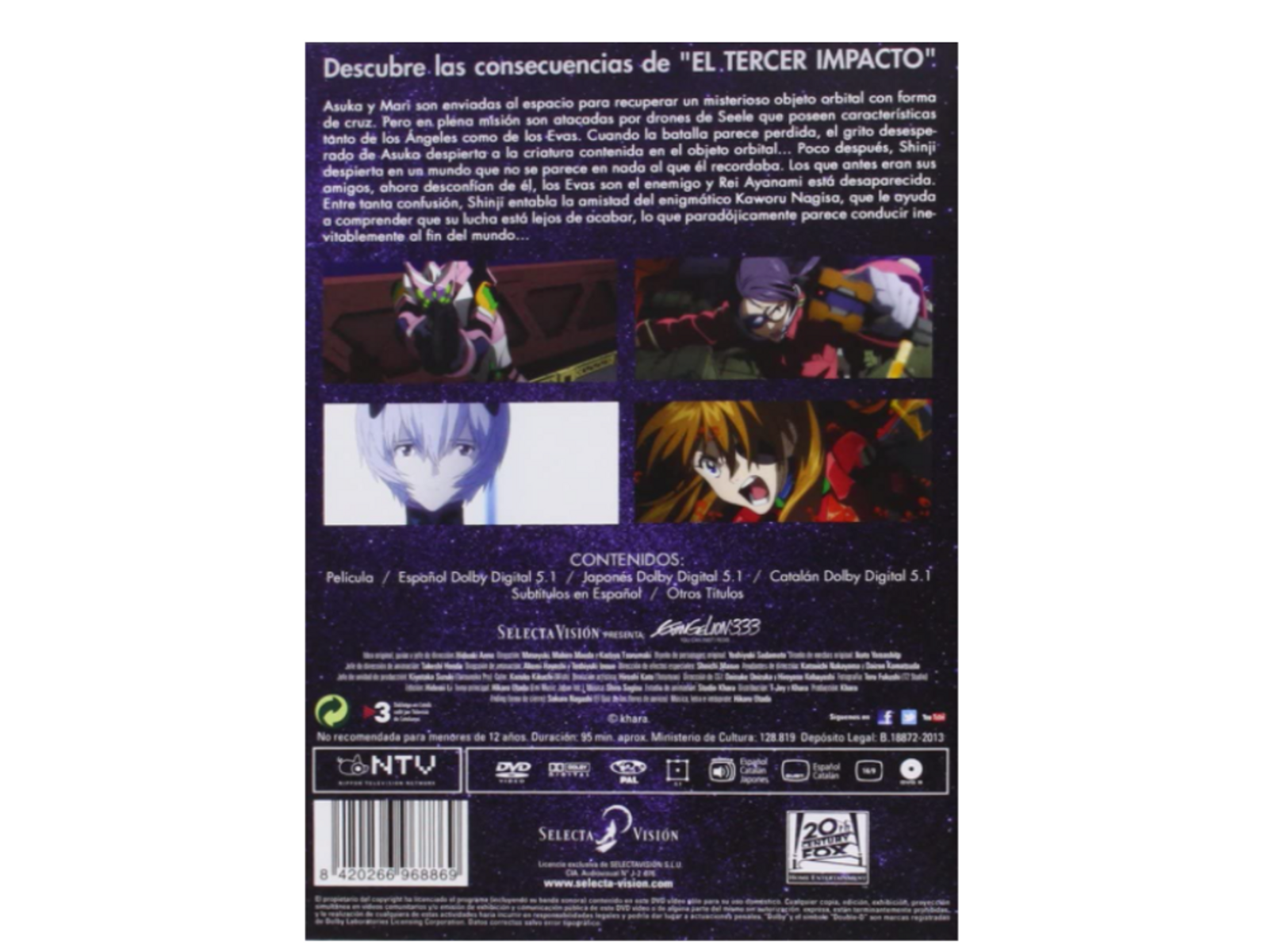 Funda de DVD: Arte anime, personajes de 'Evangelion'. Contraportada con imágenes y texto en español.