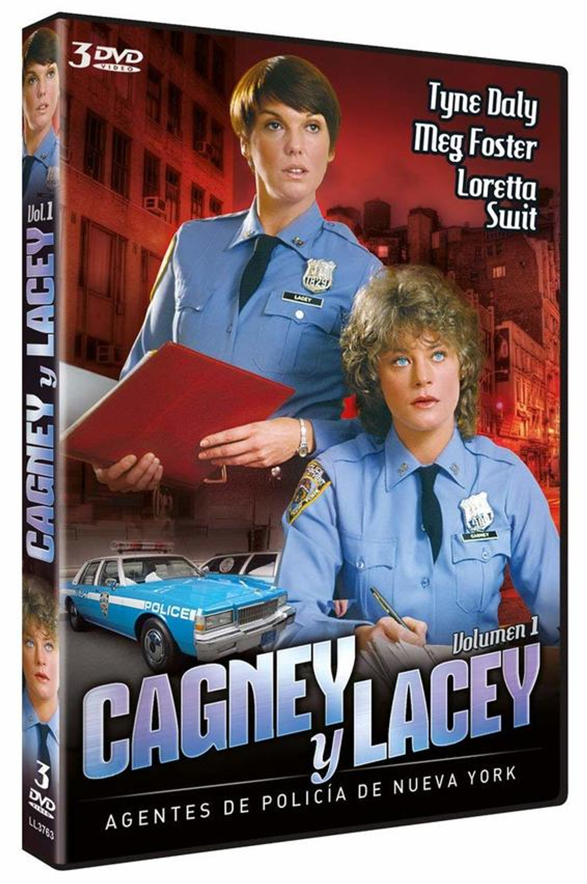 Portada DVD, Cagney & Lacey, dos mujeres en uniforme de policía, una con un archivo, un coche de policía.