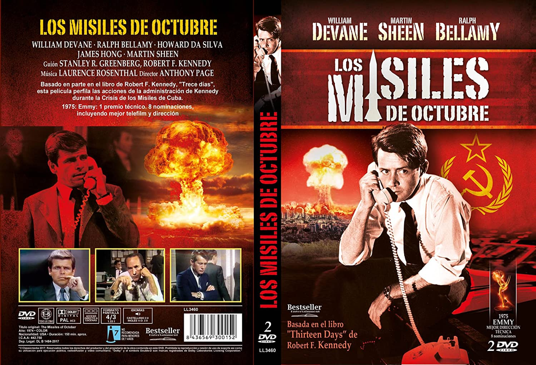 Caja de DVD con un cartel de película. Un hombre al teléfono con una explosión nuclear de fondo.