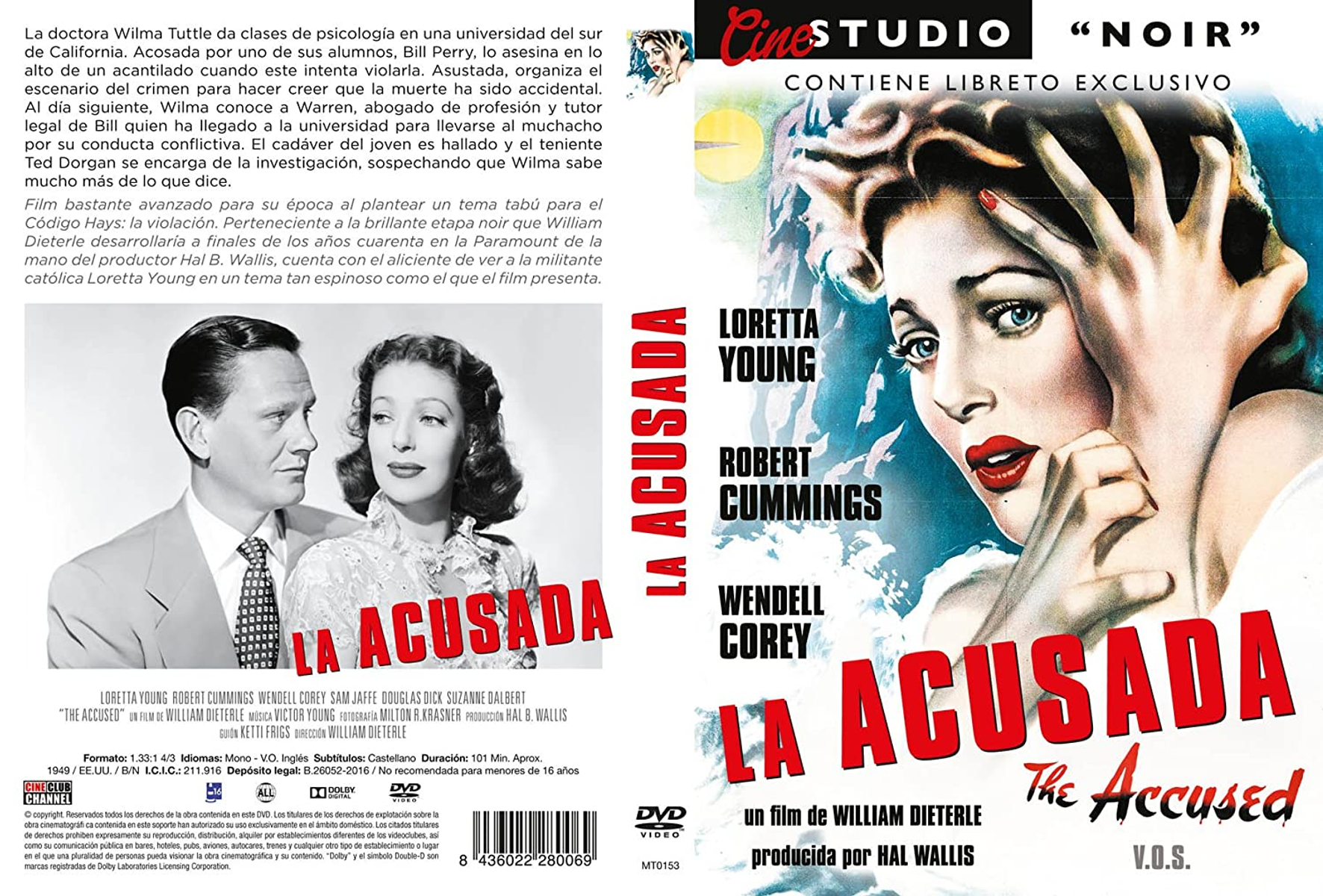 Caja DVD de La Acusada. Foto en blanco y negro de un hombre y una mujer. Texto en español e inglés.