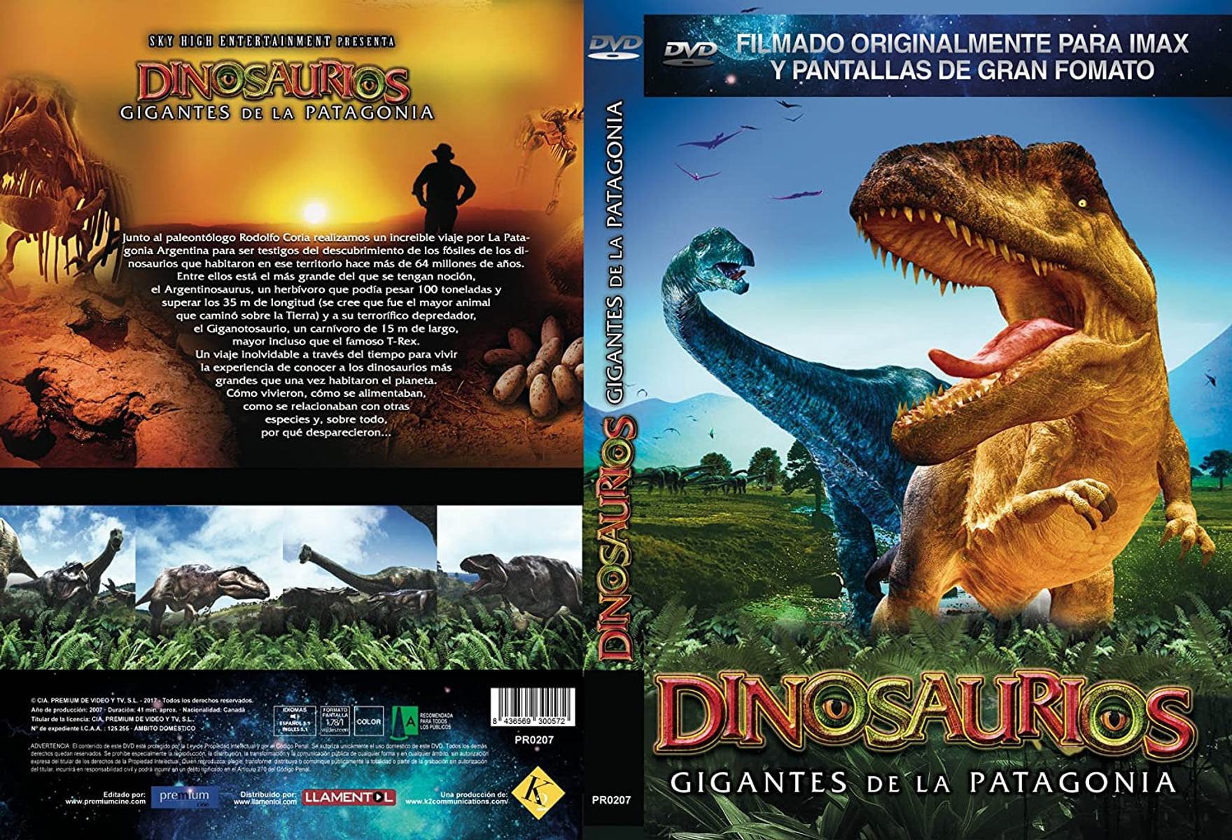 Portada de DVD de 'Gigantes de la Patagonia'. Un T-Rex y un hombre en el fondo. Texto en español.