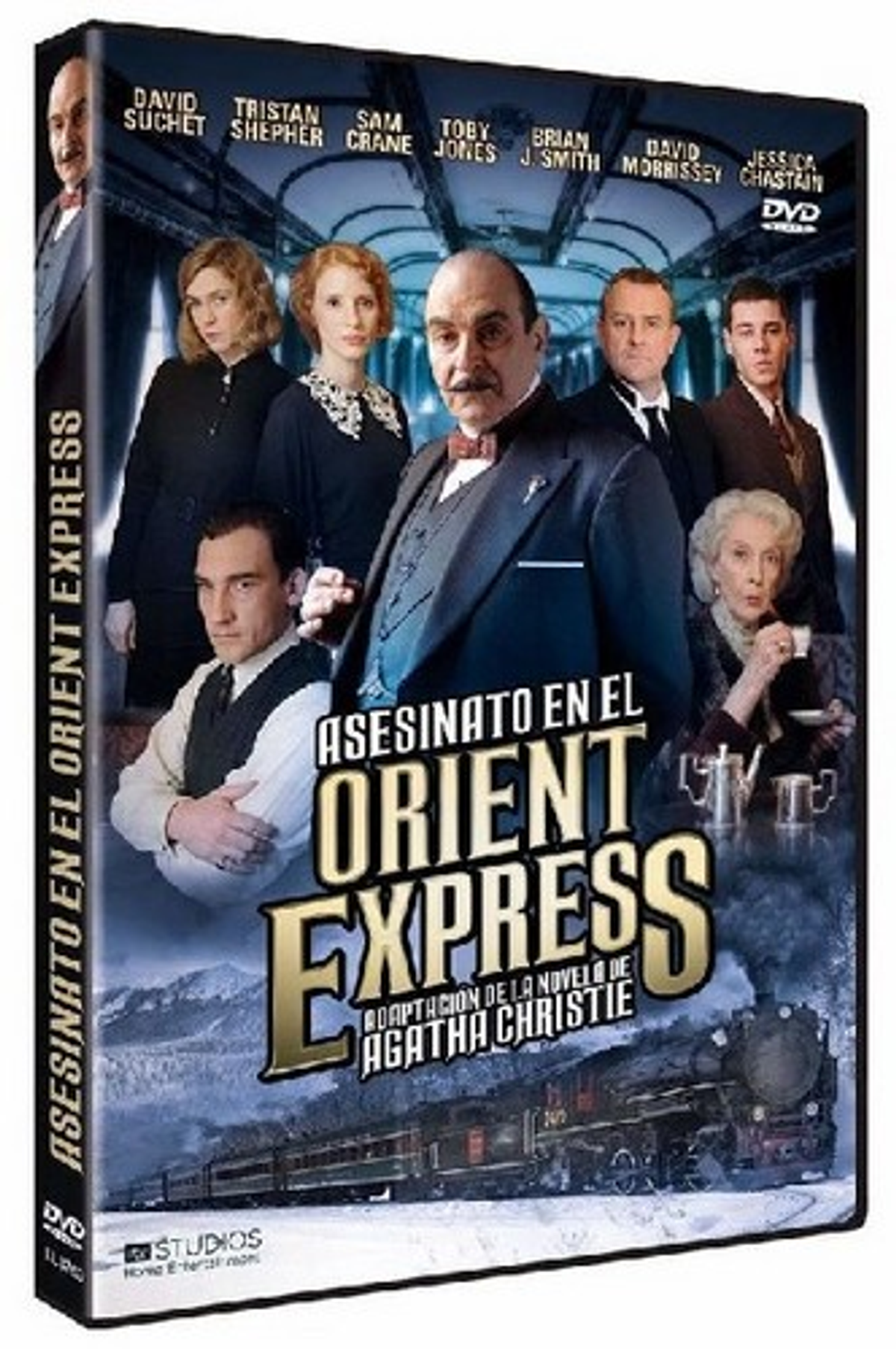 Portada de DVD de 'Asesinato en el Orient Express' con actores y un tren.