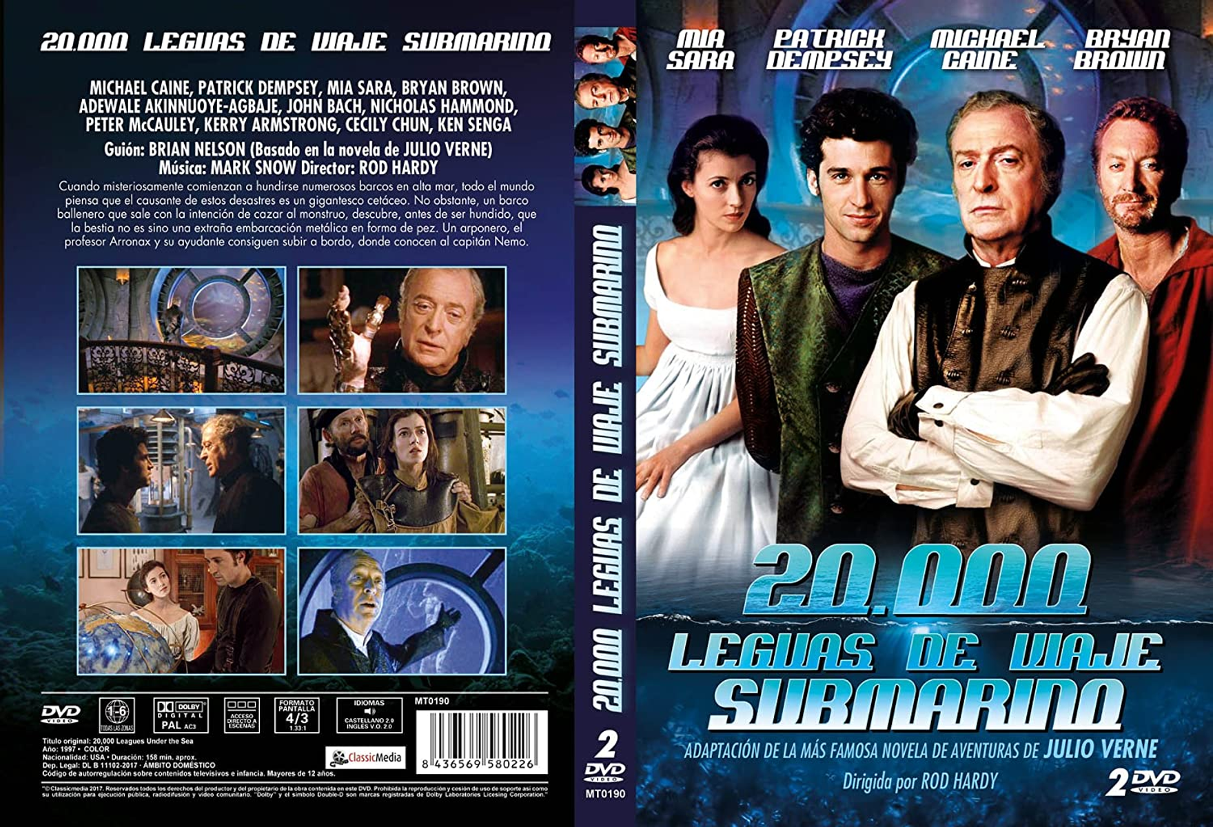 Portada de la película 20.000 leguas de viaje submarino. Actores, submarino y título en español.