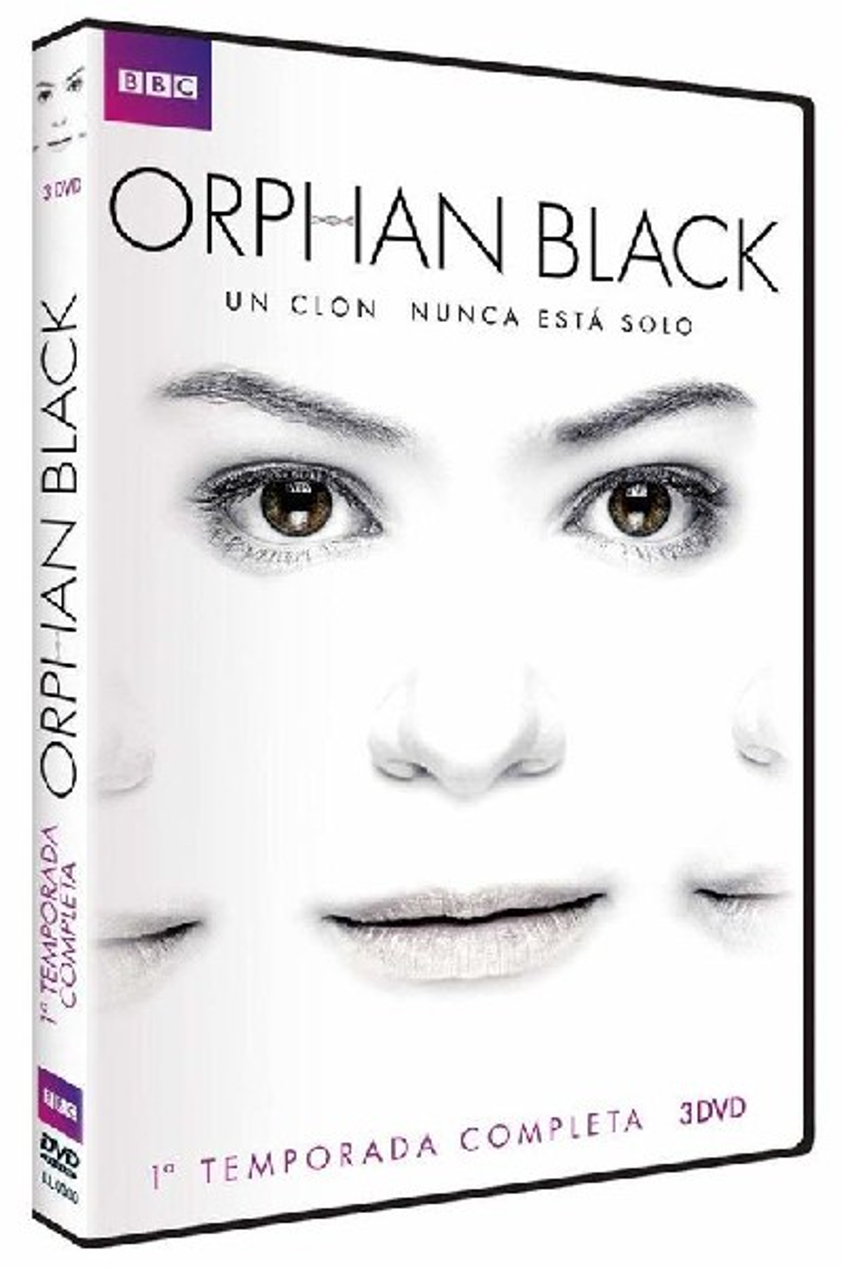 Portada del DVD de Orphan Black. Se ve el rostro de una mujer con múltiples clones en el fondo.