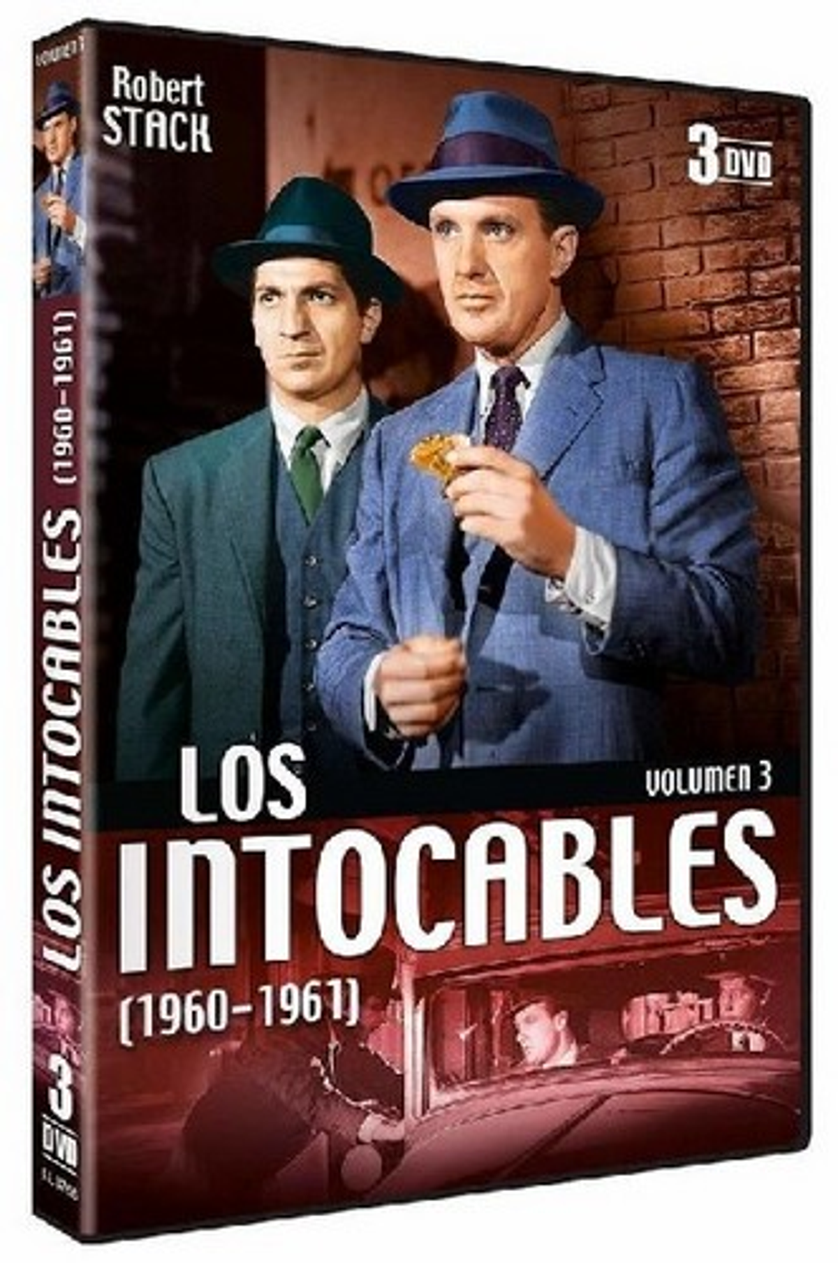 Portada de DVD de Los Intocables (1960-1961). Presenta a dos hombres en trajes con un coche y el título de la película en el lateral.