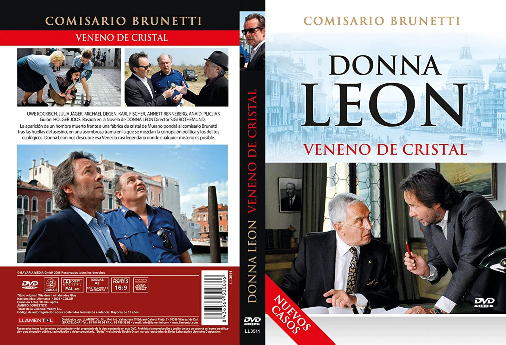 Portada del DVD de la historia criminal de Donna Leon. Dos personas hablando y un hombre mirando hacia arriba. Canal veneciano en el fondo.
