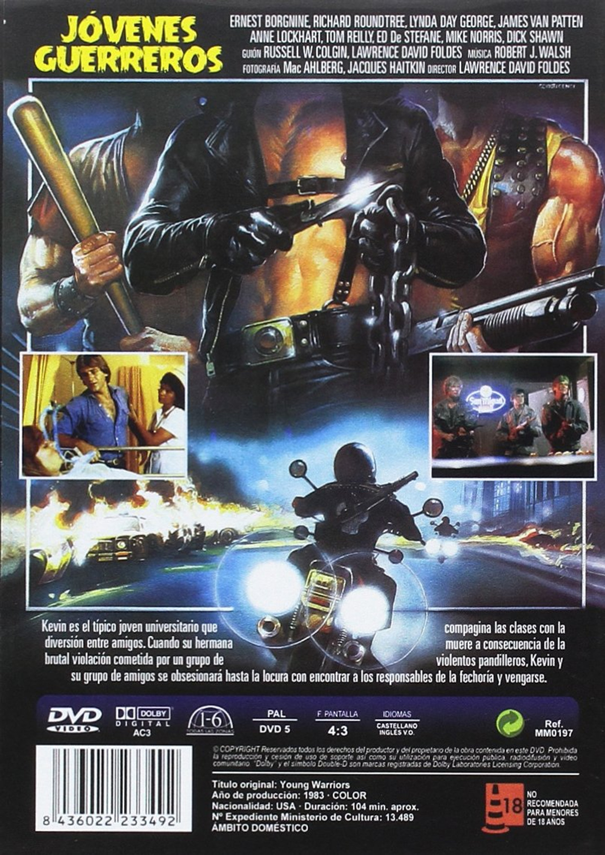 Portada del DVD de Young Warriors. Presenta a un hombre con chaqueta de cuero sosteniendo una pistola, con otros actores.