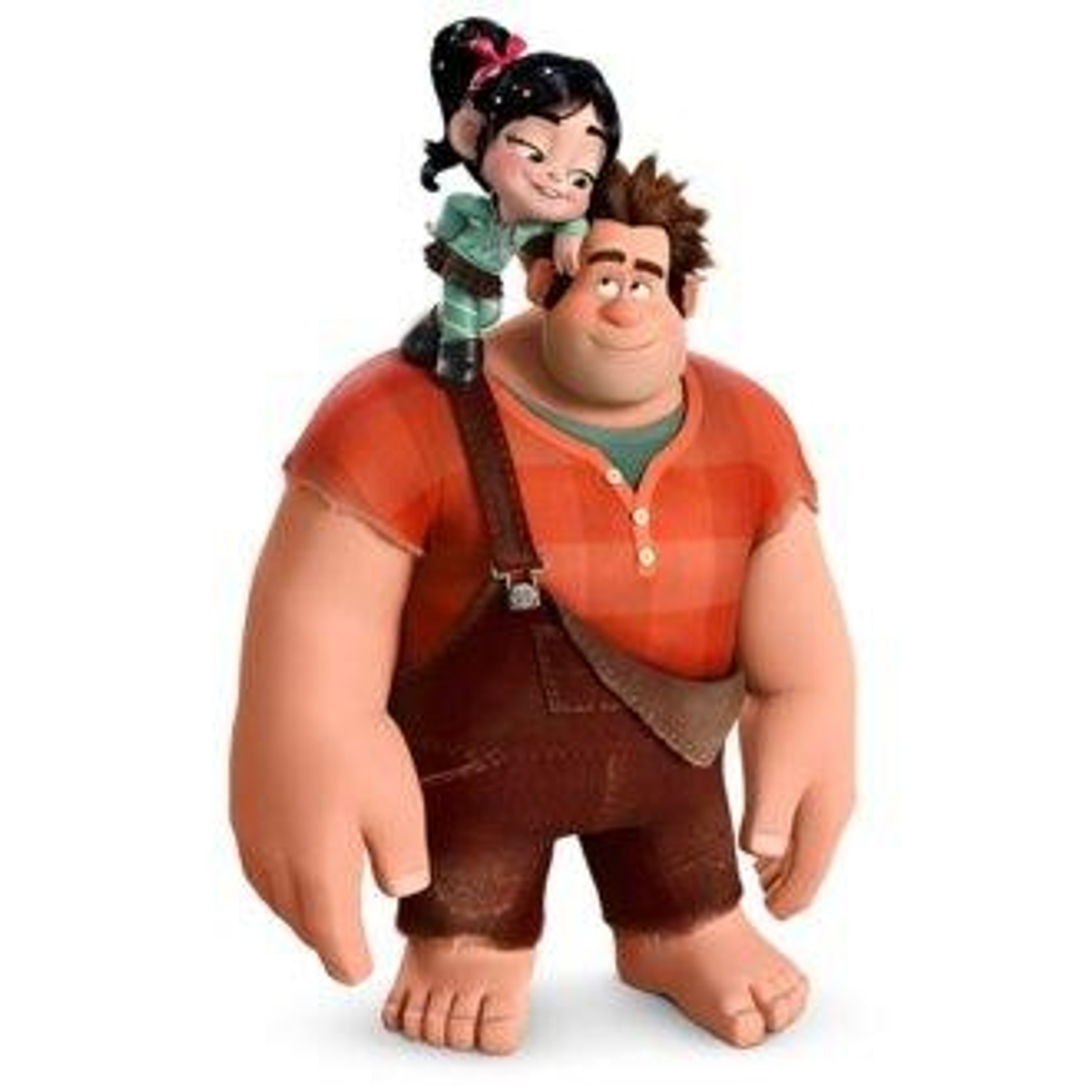 Wreck-It Ralph lleva a Vanellope sobre su hombro. Son personajes animados.