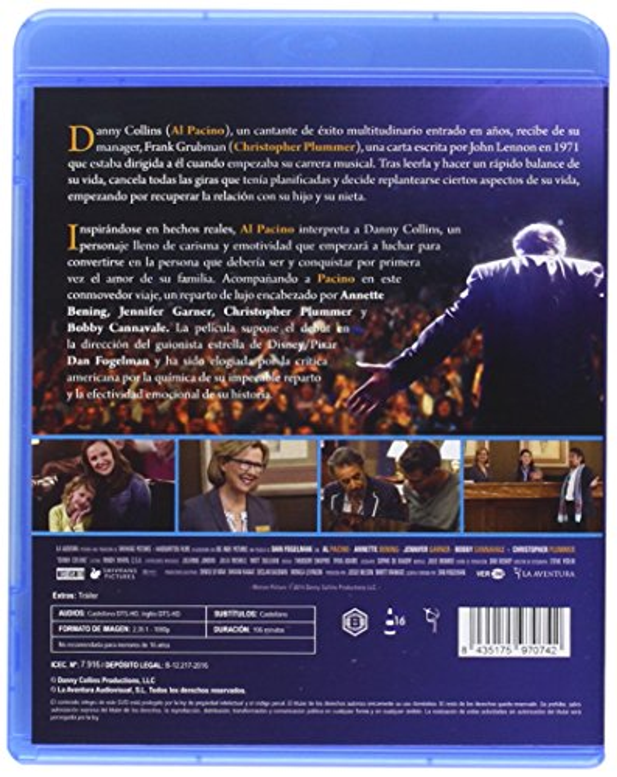 Portada de la película: Al Pacino con traje, con una multitud detrás. Título: Danny Collins.