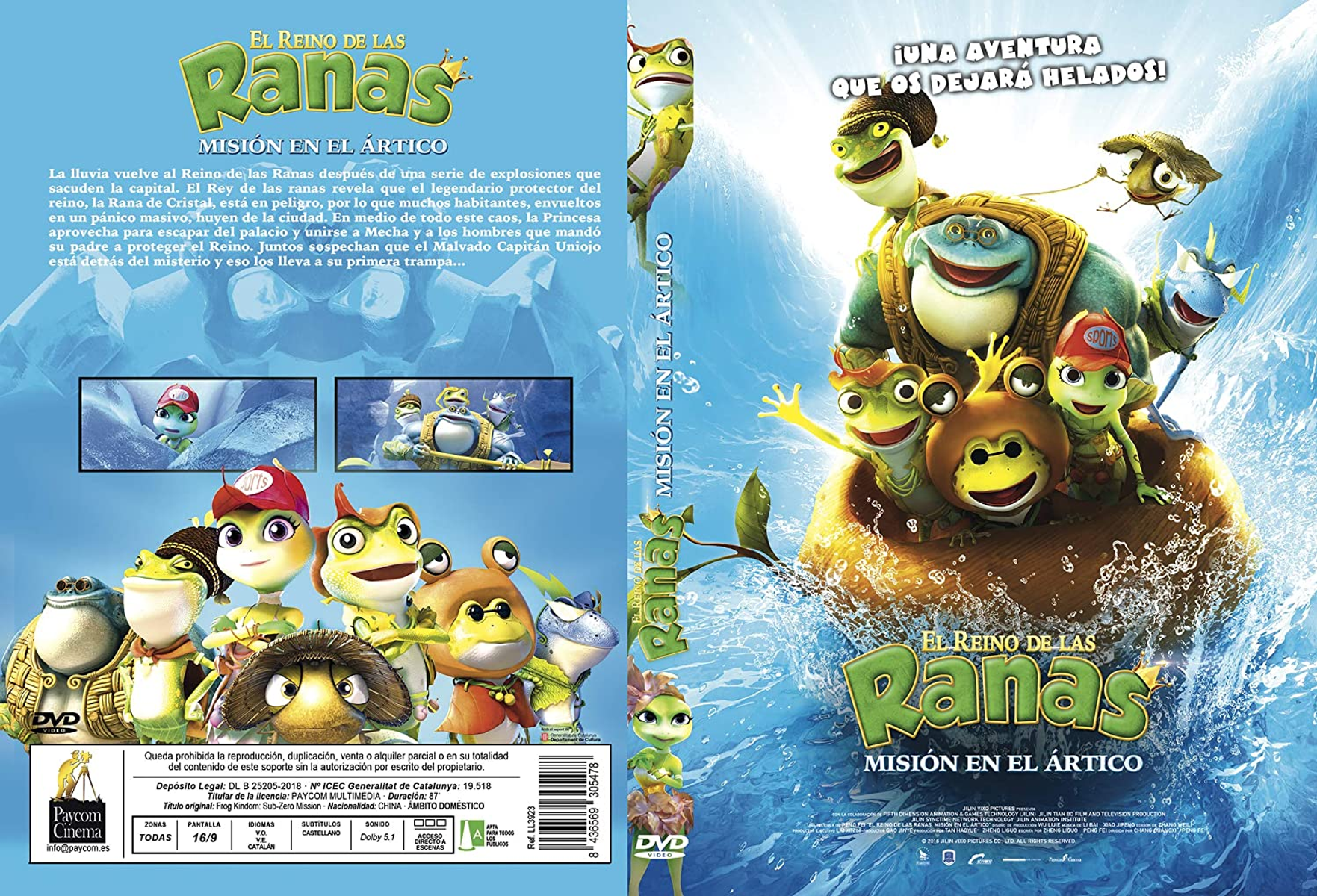 Portada de la película de ranas. Título: 'El Reino de las Ranas'. Dibujos animados de ranas sobre hielo con fondo azul. Caja de DVD.