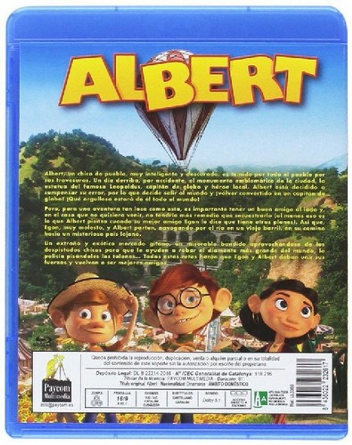 Contraportada de la película Albert. Personajes de dibujos animados en un entorno de pueblo, con descripción detallada.