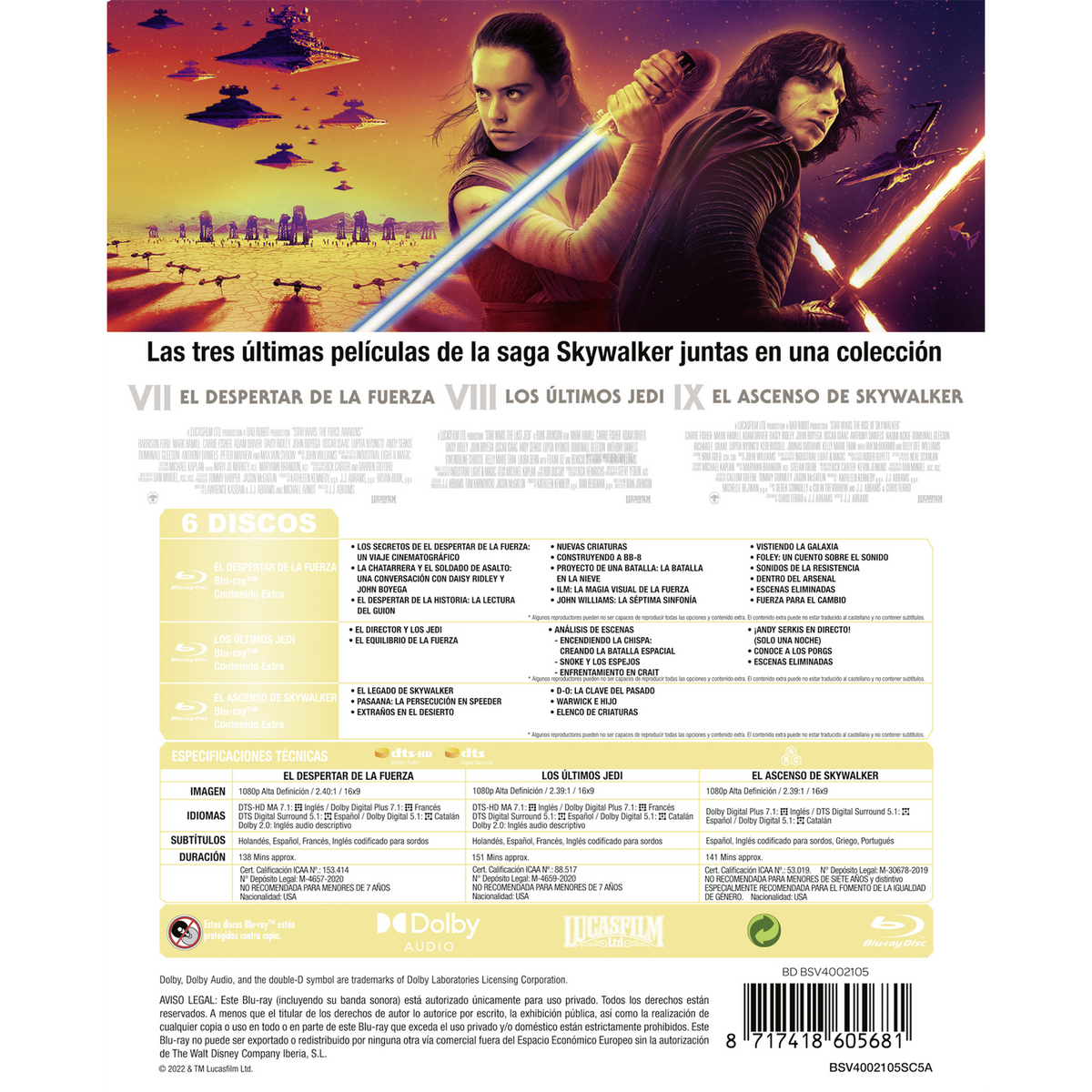 Parte posterior de una caja de disco Blu-ray con títulos e información sobre la saga Star Wars.