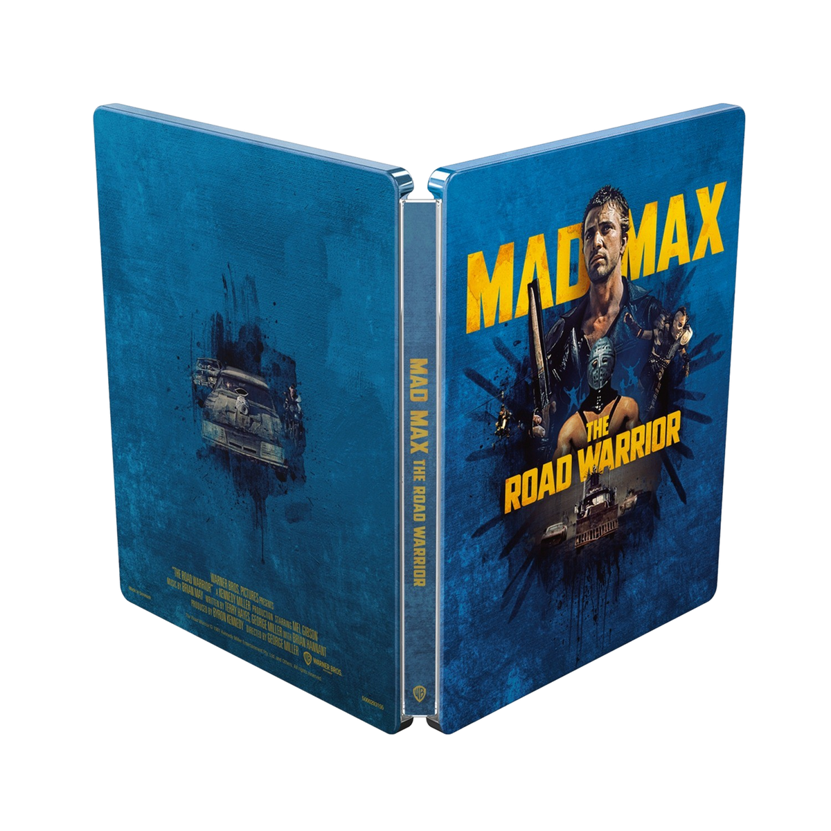 Portada de la película: Mad Max The Road Warrior. Un hombre con un arma y un coche sobre fondo azul.