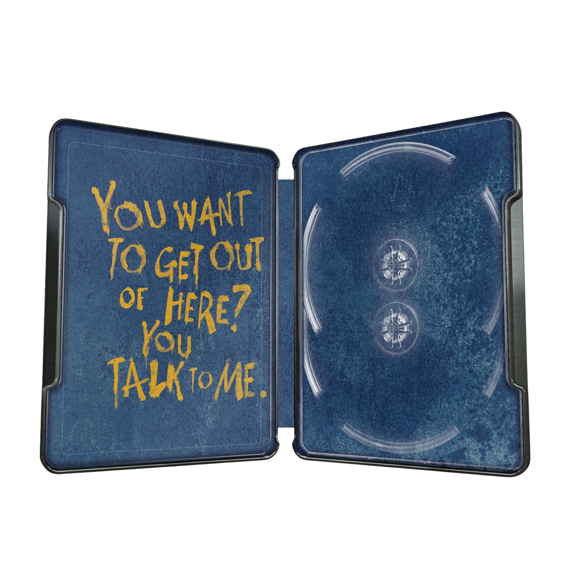 Interior de la caja de Blu-ray con el texto 'You want to get out of here? You talk to me'.