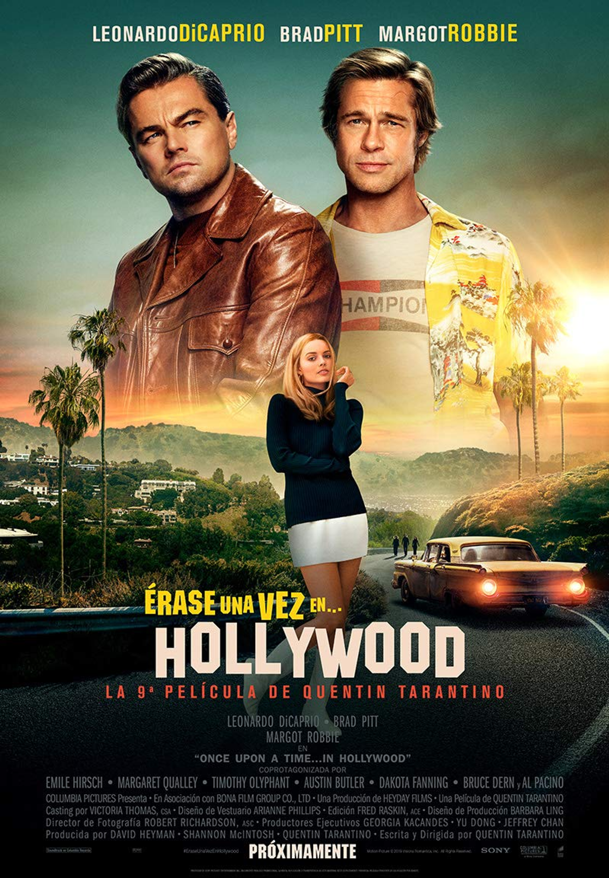 Cartel de la película Érase una vez en... Hollywood. Muestra a Leonardo DiCaprio, Brad Pitt y Margot Robbie.
