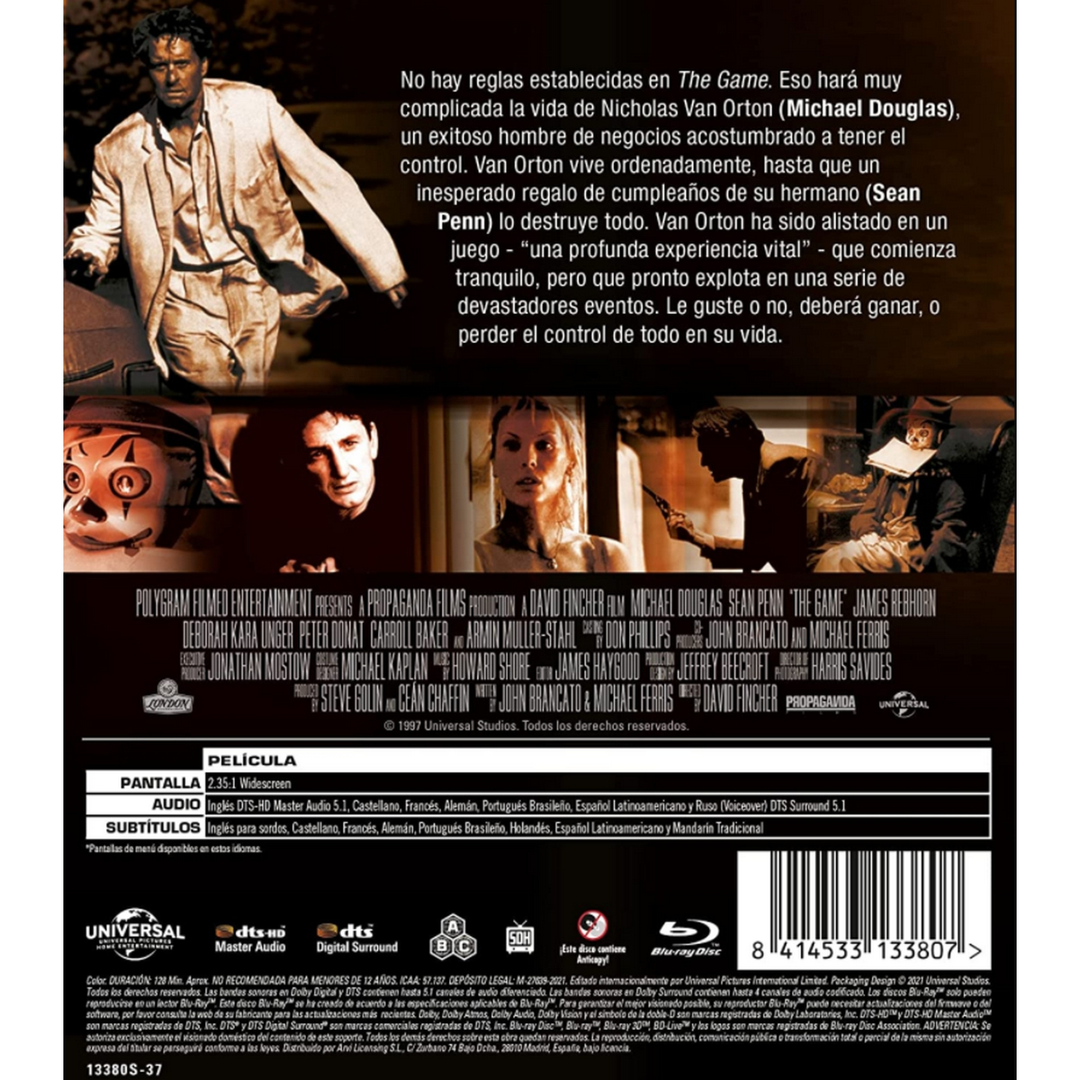 Funda Blu-ray: The Game. Michael Douglas en la portada. Texto The Game. Fondo blanco y negro. Portada de la película.