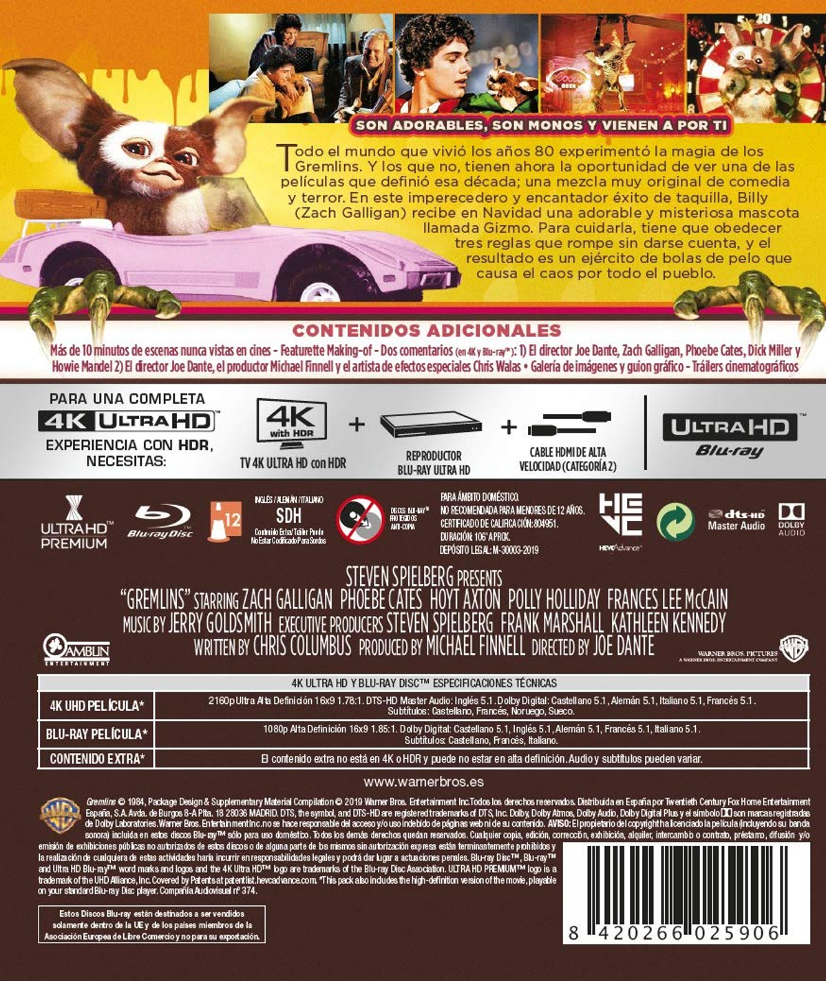 Contraportada de Gremlins Blu-ray. Texto e imágenes presentes.