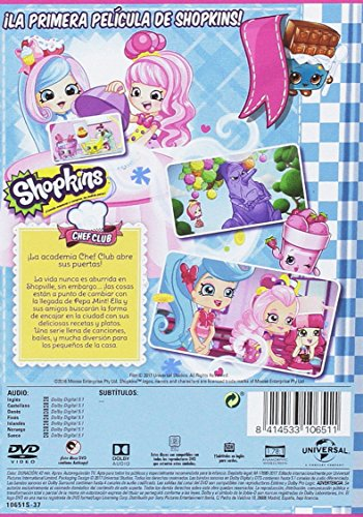 Portada de la película Shopkins Chef Club. Personajes de dibujos animados sobre un fondo rosa y azul.
