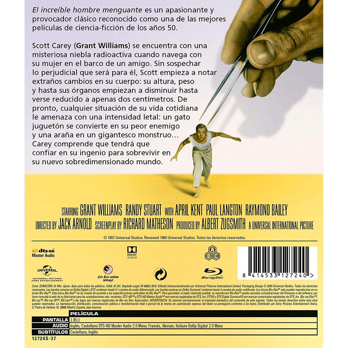 Parte trasera de una caja de Blu-ray. Una mujer corriendo, con texto. Un hombre y un gato al fondo.