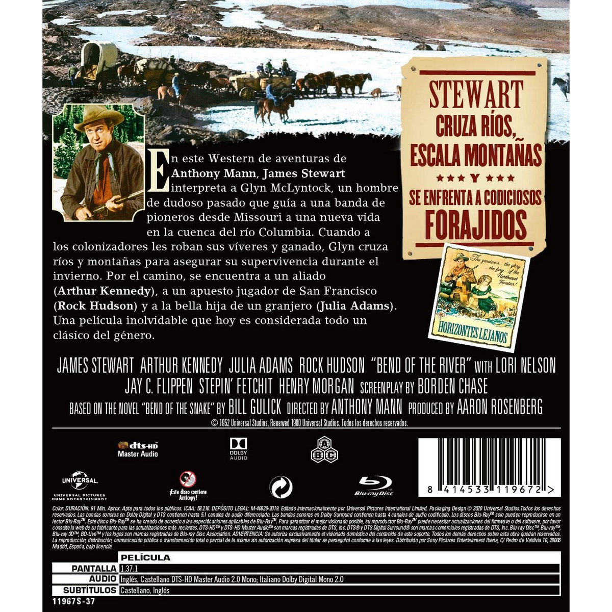 Portada de película con un vaquero, texto y una escena de vaqueros y caballos en un río. El título es 'Bend of the River'.