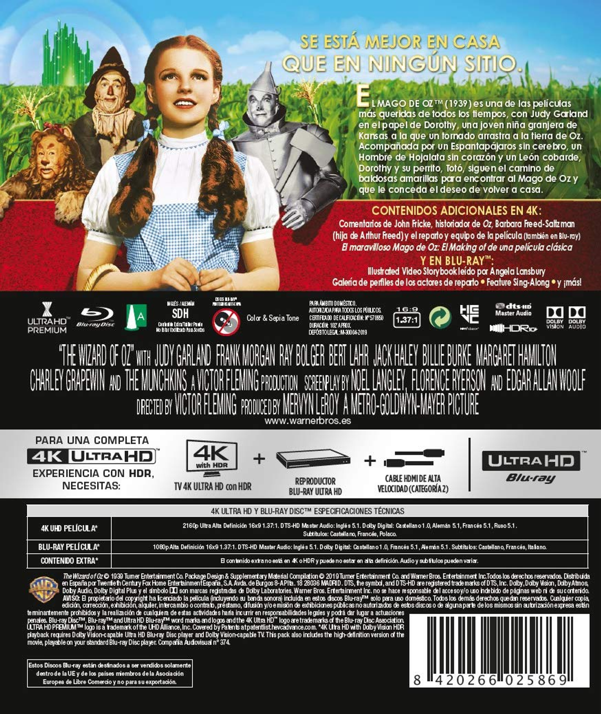 Portada de Blu-ray de El Mago de Oz. Judy Garland, el Hombre de Hojalata, el Espantapájaros y el León.