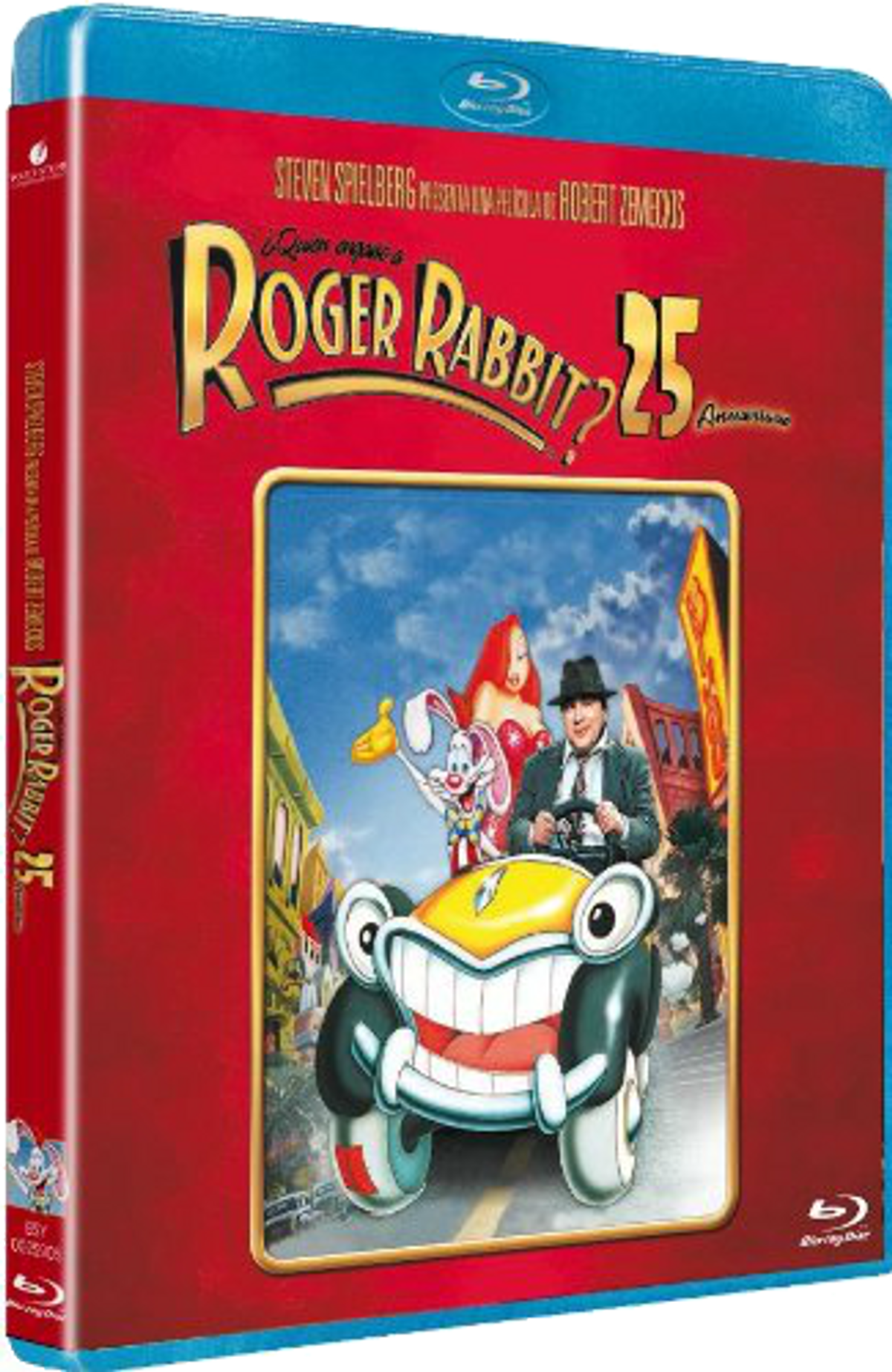 Caja Blu-ray con un coche de dibujos animados, un conejo y una mujer, en un fondo rojo.