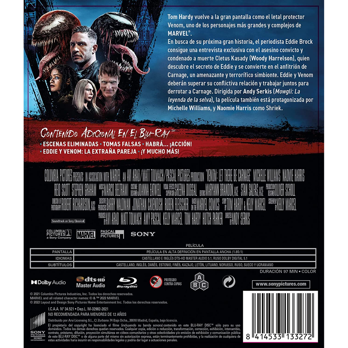 Contraportada de la película Venom: Let There Be Carnage. Personajes principales en la parte delantera. Texto en español. Logotipo de Sony abajo.
