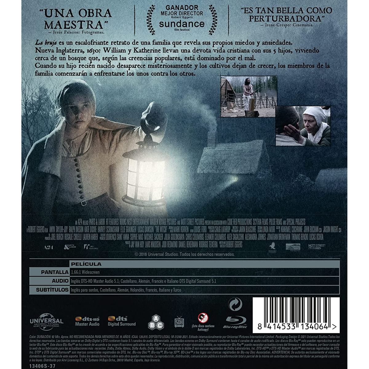 Portada de la película: Una mujer con una linterna en un campo, texto sobre la película en la parte posterior de la caja.