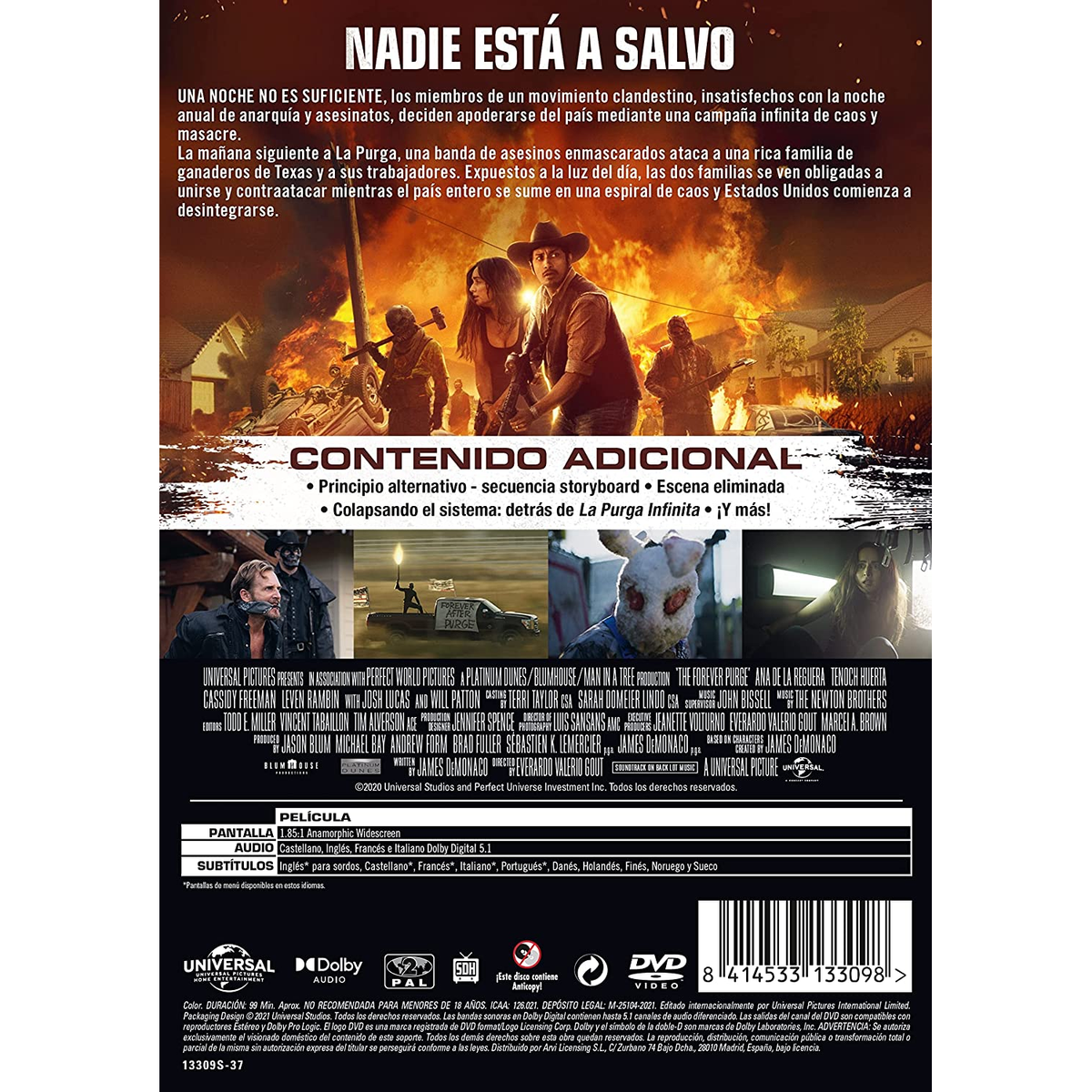 Portada de la película con edificios en llamas, un grupo de personas con armas y un título en español: 'The Forever Purge'.