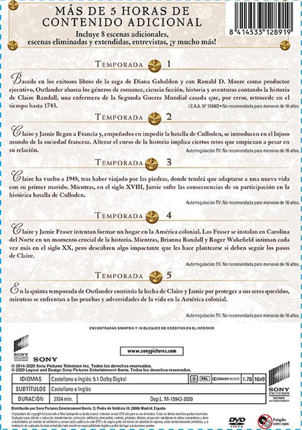 Parte trasera de una caja de DVD de Outlander Temporada 1-5 en español. Texto e imágenes sobre la serie.