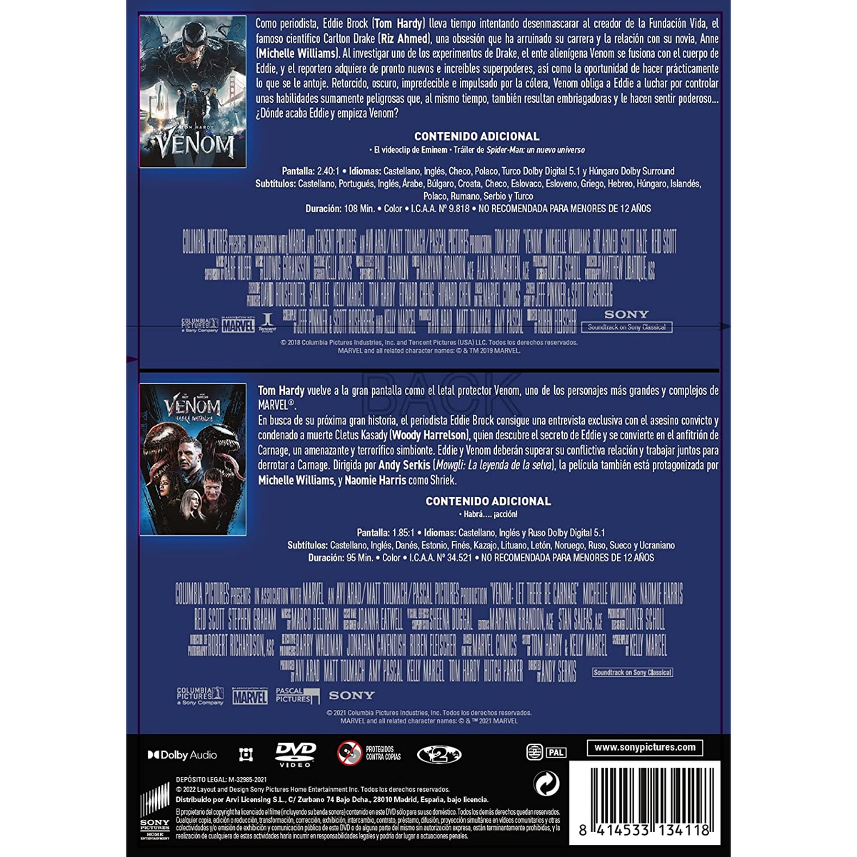 Funda de DVD de 'Venom'. Presenta imágenes de Tom Hardy como Venom, más detalles de la película.