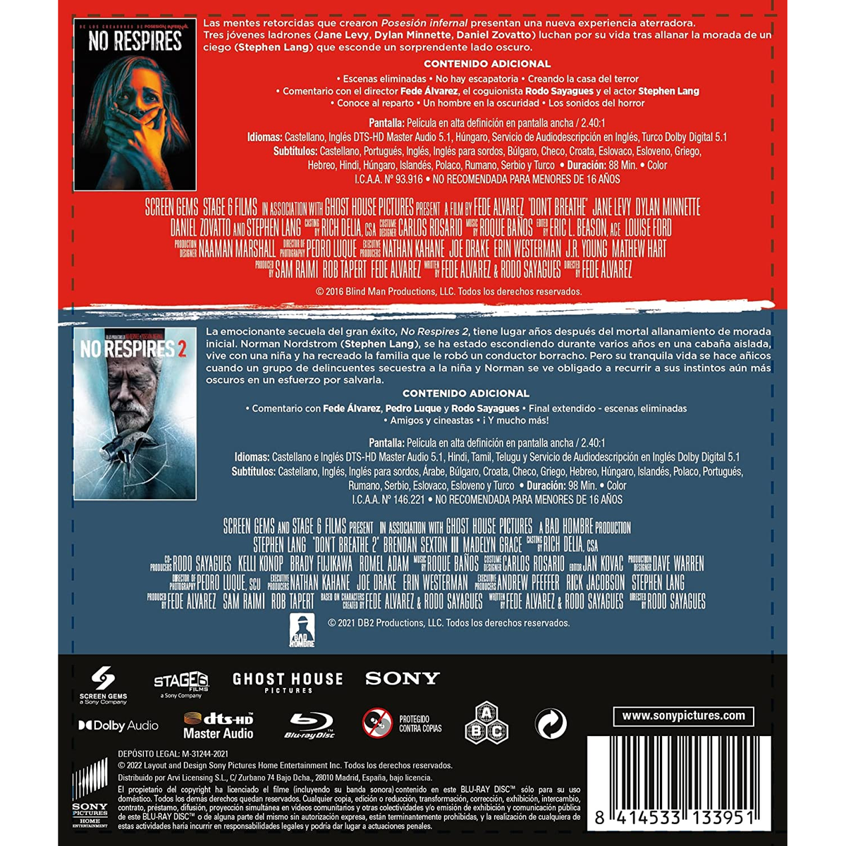 Contraportada Blu-ray: Detalles, reparto y créditos de 'NO RESPIRAS 2'.