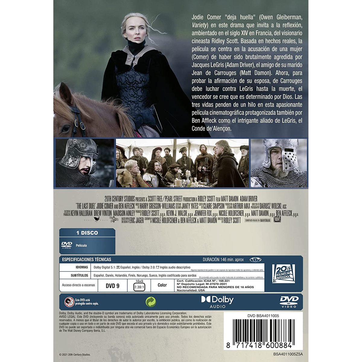 Parte trasera de una caja de DVD con un cartel de película y texto en español. Escena del reparto.