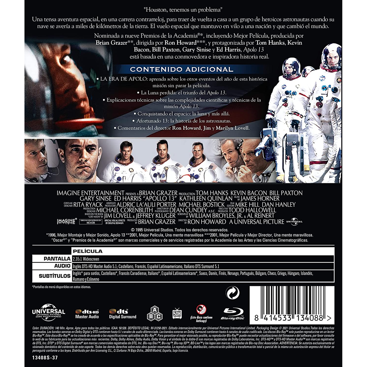 Portada de Blu-ray de Apolo 13, escena espacial, astronautas, título de la película, créditos.