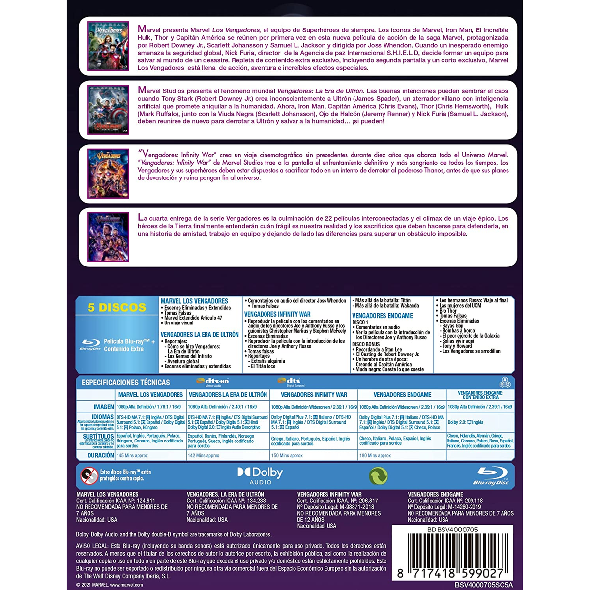 Portada del set Blu-Ray de Los Vengadores. Detalles de la película y secuelas.