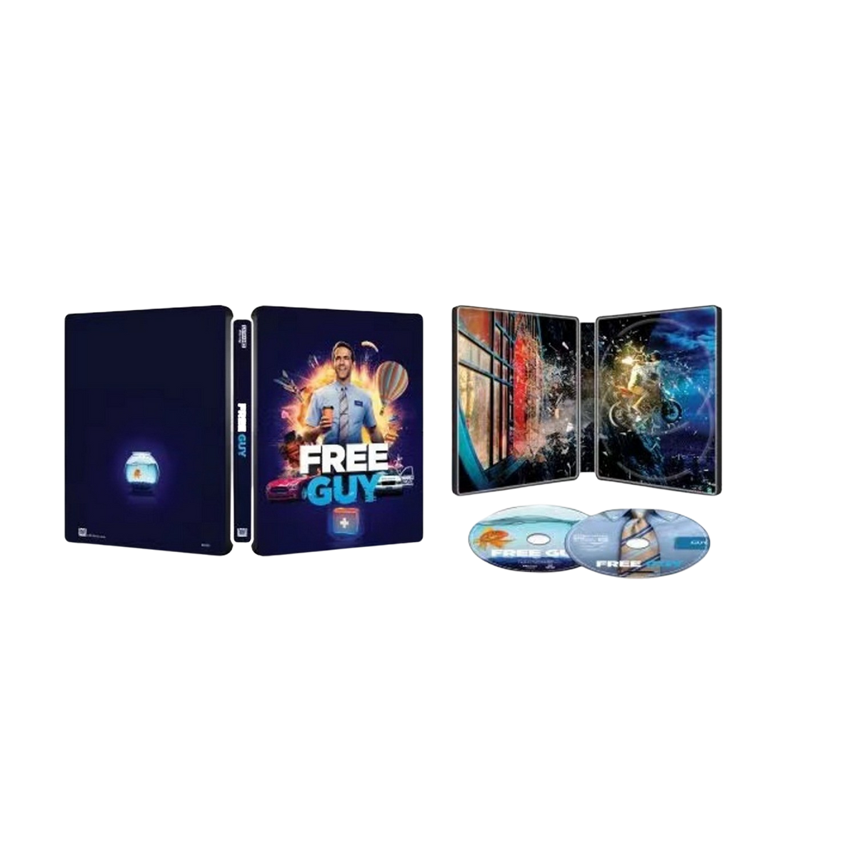 Caja de Blu-ray de Free Guy. La portada muestra a un hombre con una pistola, con un pez dorado. Incluye discos.