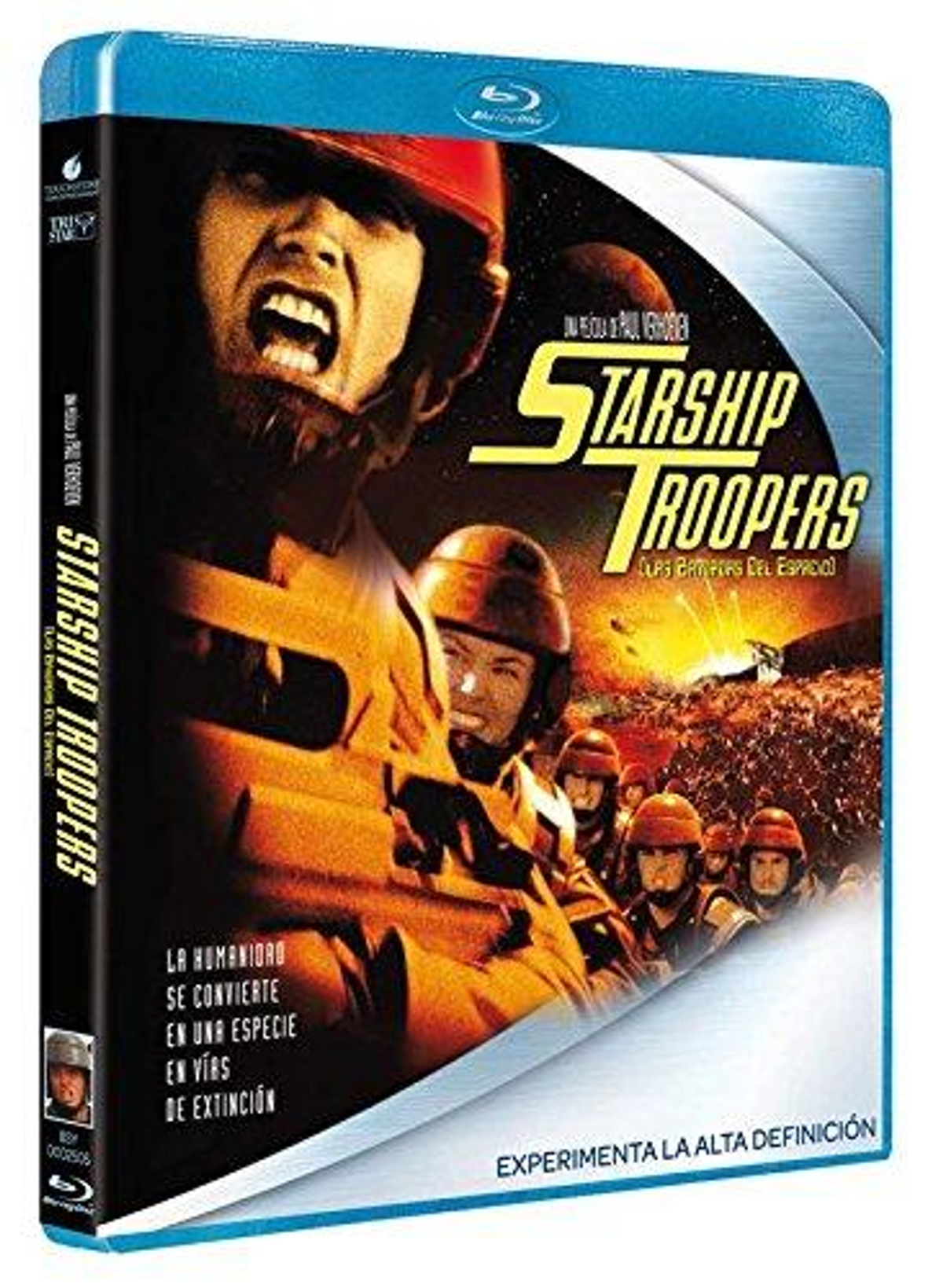 Portada de la película Starship Troopers. Un hombre con casco está gritando, con otras personas al fondo.