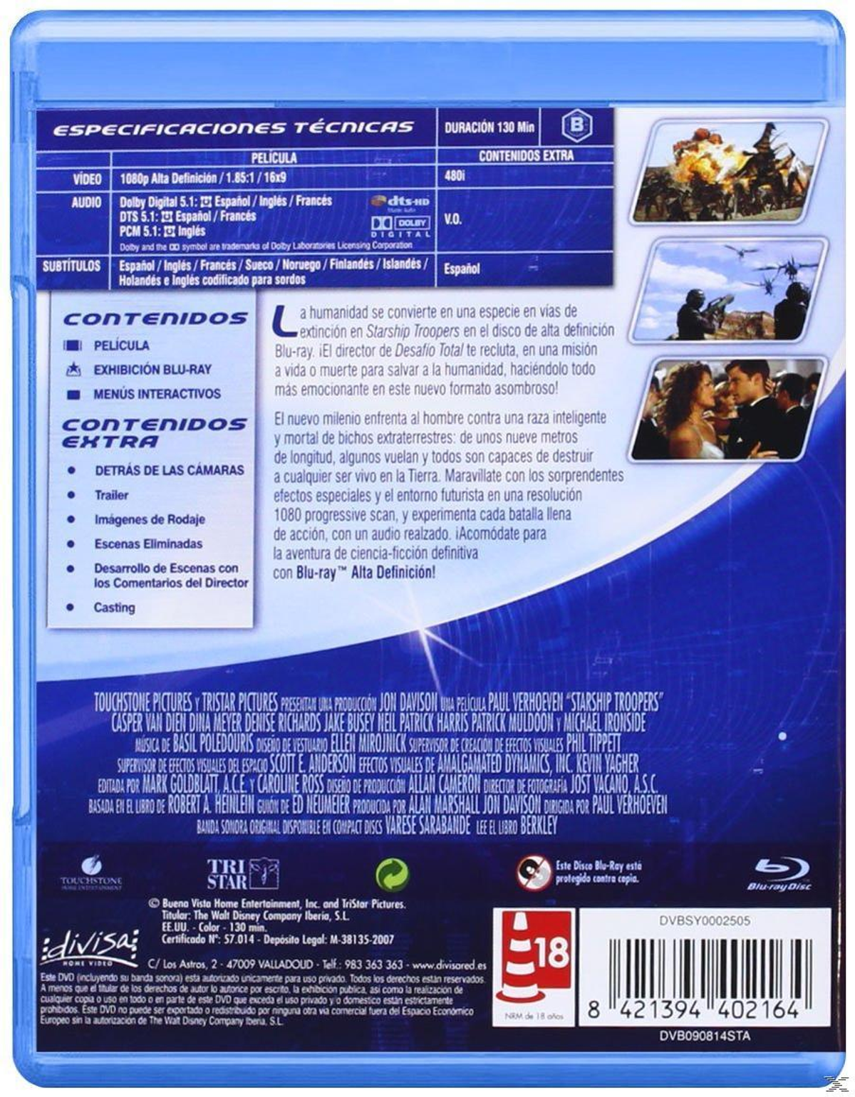 Parte trasera de una caja de Blu-ray para Starship Troopers con texto, imágenes y detalles sobre la película.