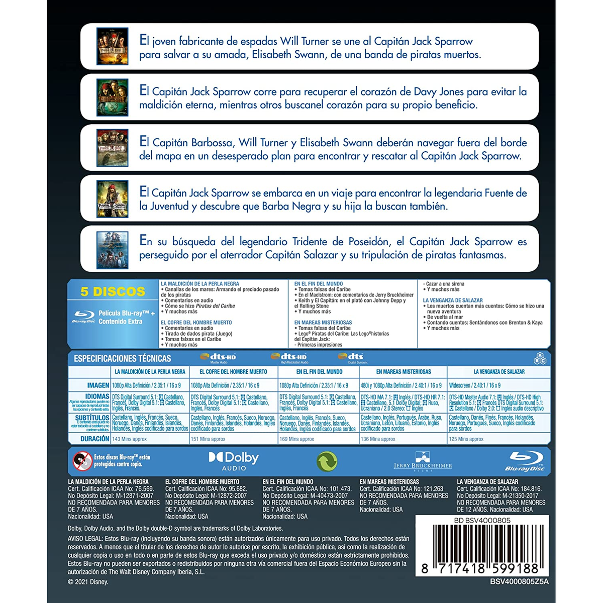 Portada de disco Blu-ray con texto, texto sobre la película y un barco. Título: Piratas del Caribe.