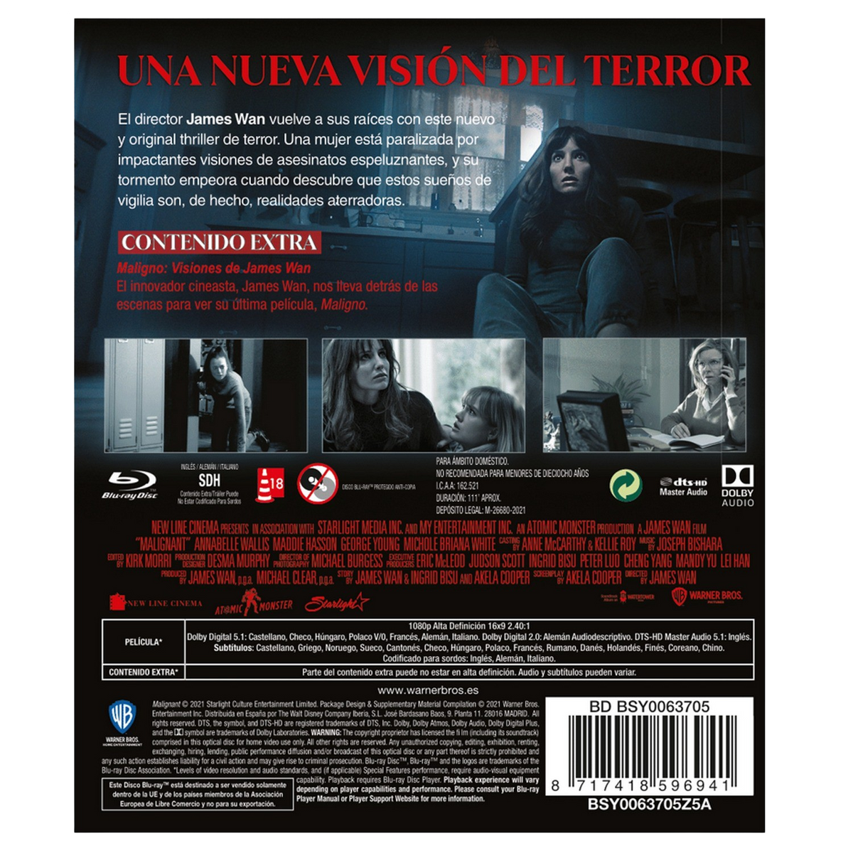 Portada de la película con texto en español. Una mujer parece asustada. El título es Malignant.