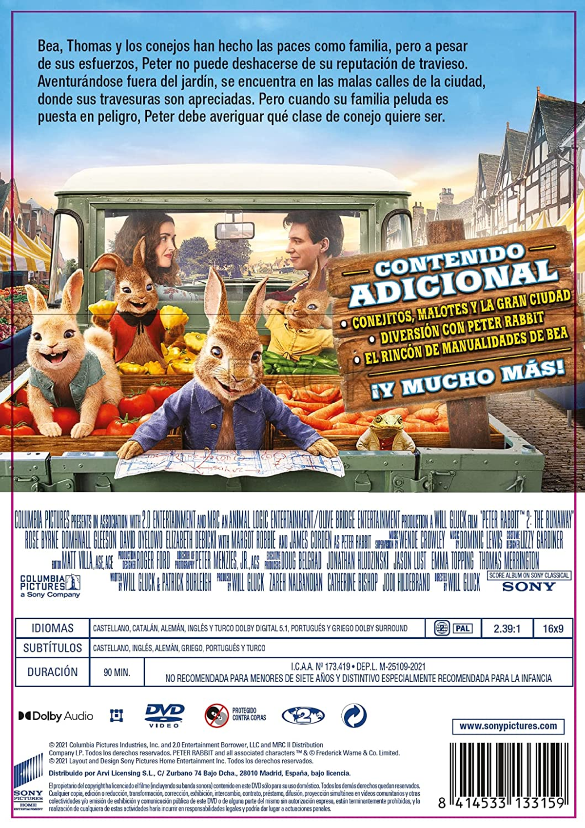 Portada de DVD de la película Peter Rabbit, con conejos animados y personajes humanos.