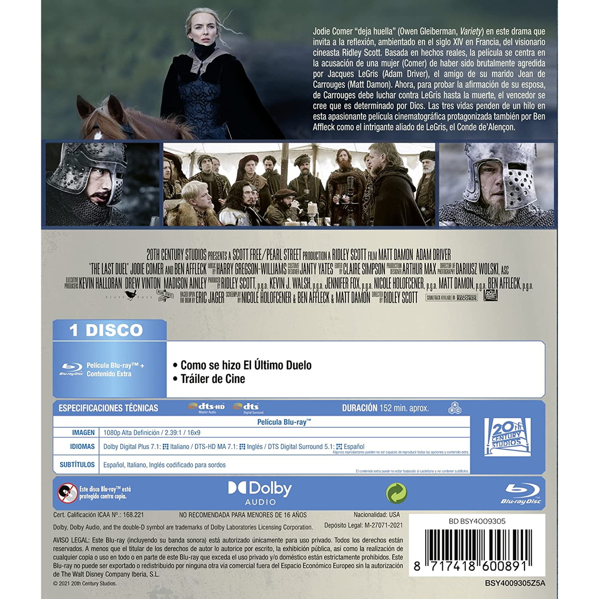 Contraportada de Blu-ray con texto y detalles sobre 'The Last Duel', una película protagonizada por Matt Damon.