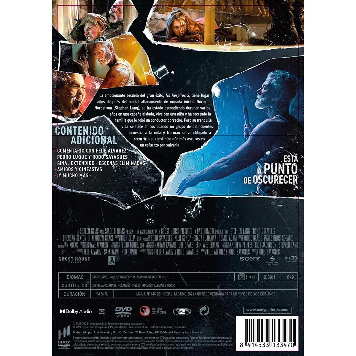 Contraportada de DVD de 'Don't Breathe 2'. Imágenes de personajes y texto sobre la película.