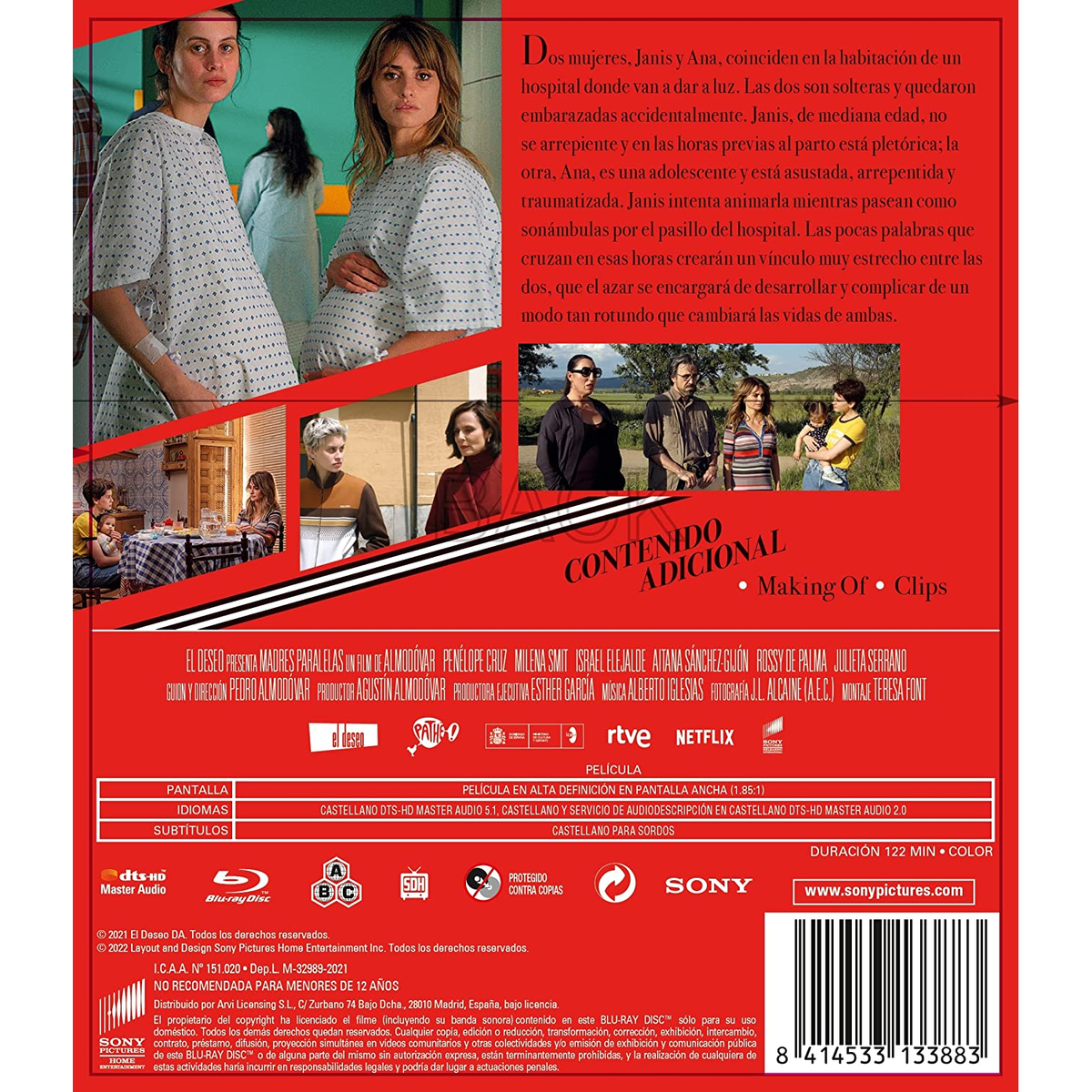 Contraportada de la película Madres Paralelas. Imágenes de mujeres y texto.