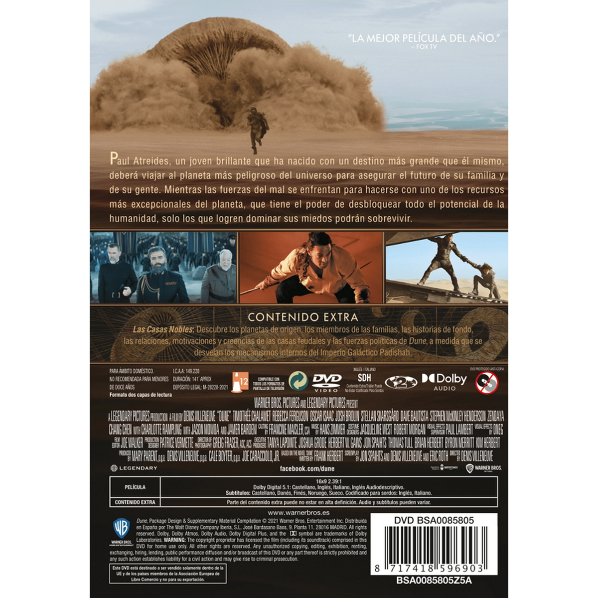 Contraportada del DVD de la película Dune: Texto e imágenes que promocionan la película. Incluye detalles del reparto y el equipo.