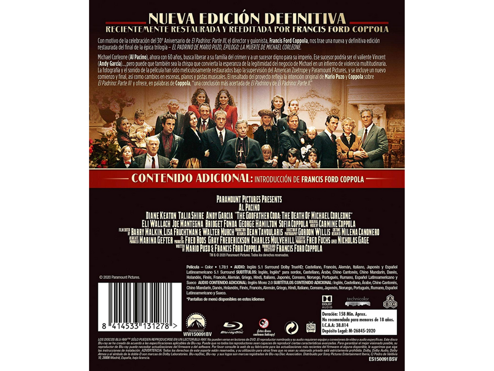 Portada de DVD de 'El Padrino', con un grupo de personas en trajes y detalles de la película.