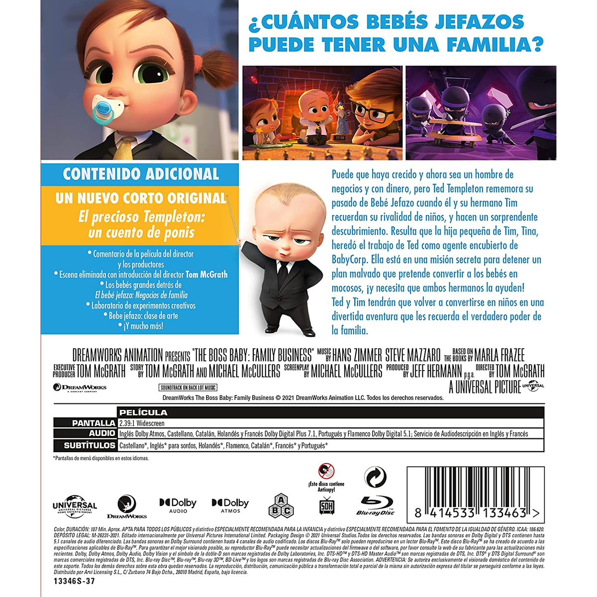 Contraportada de 'The Boss Baby: Family Business'. Personajes de la película y texto en español.
