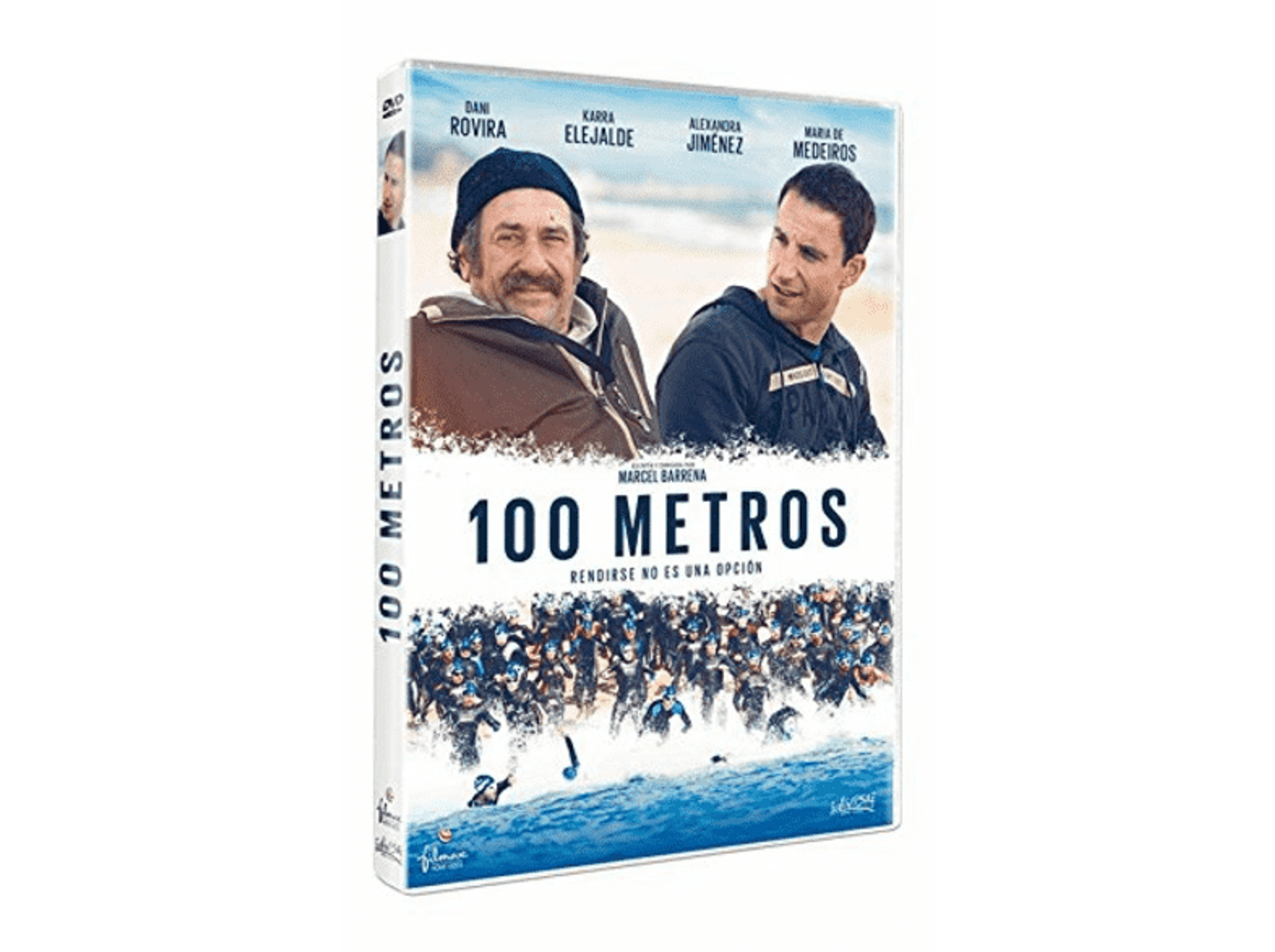 Portada de DVD de 100 Metros. Dos hombres en la portada. Una multitud de personas de fondo.