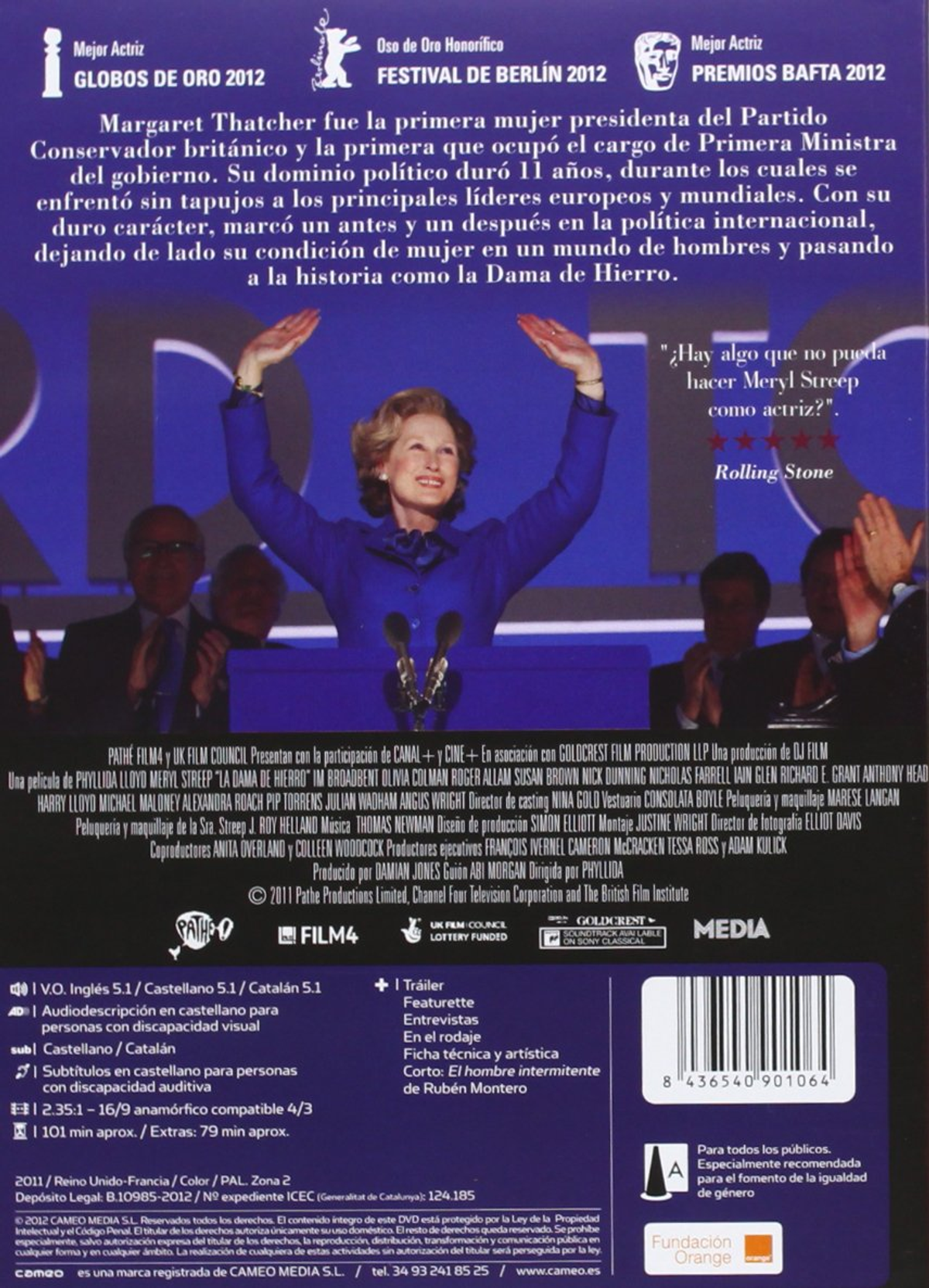 Parte trasera de una caja de DVD de una película sobre Margaret Thatcher, con su imagen y texto sobre su carrera.